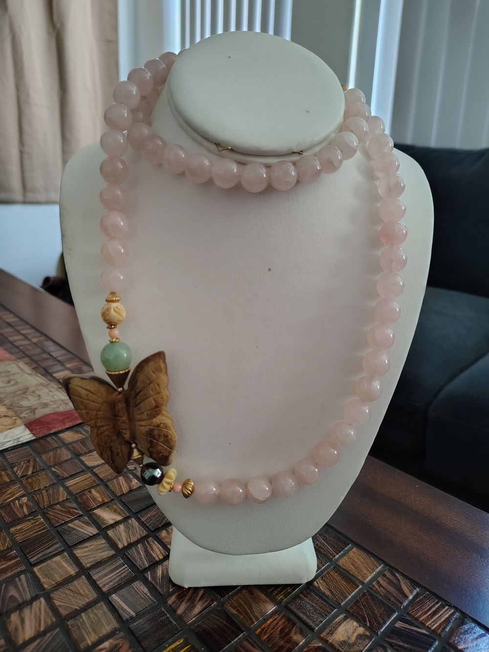 Handmade Pink Rose Quartz Beaded Necklace with Carved Butterfly Pendant